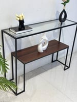 كونسول مدخل بسطح زجاجي ورف خشبي – تصميم عصري يجمع...