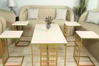 طقم طاوله حديد ليزر سطح خشب شكل ماركه