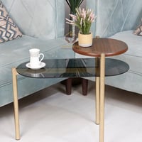 طاولة جانبية وخدمة سطح زجاج شفاف أسود وخشب وقواعد...