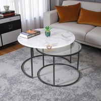 طقم طاولتين لون أسود سطح زجاج وخشب أبيض شبيه الرخا...