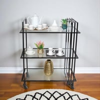 عربة تقديم لون أسود 3 دور سطح زجاج شفاف