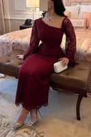 فستان عودي دانتل بفصوص