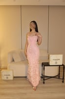 فستان سهرة وردي ورود ليزر ترتر | فستان اونا