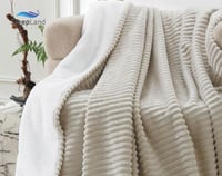 بطانية فلانو وجهين مخمل وفرو مقلمة | لون بيج