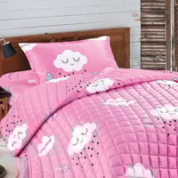 مفرش أطفال مخمل مضغوط 3 قطع – وردي كرتوني غيوم + ه...