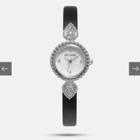 ساعة جلد أسود بفضي