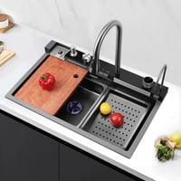 مجلى حوض مطبخ ستانلس شلالين المطور رمادي اسود ضمان...