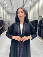 عبايه قماش كتان كم استرتش مع تطريز موف