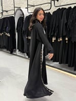 عبايه قماش كتان كم استرتش مع تطريز سكري