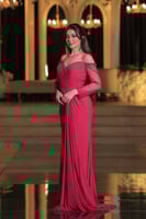 فستان سهره ناعم تل اكمام بلون فوشي