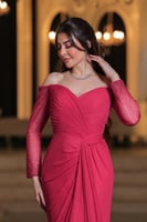 فستان سهره ناعم تل اكمام بلون فوشي