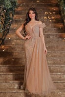 فستان بتصميم فاخر وأنثوي، بلون بيج ناعم مائل إلى ا...