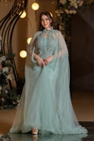 فستان سهره بتطريز كامل وأكمام كيب شفافه