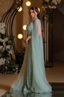 فستان سهره بتطريز كامل وأكمام كيب شفافه