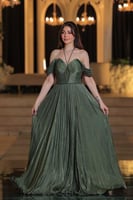 فستان سهرة زيتوني فاخر بأكتاف منسدلة وتصميم منفوش...