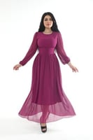 فستان طويل سهرة شيفون جورجيت بكسرات اللون الفوشي