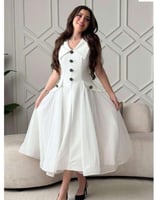 فستان راقي ميدي بقصات بلاسيه على الجوانب