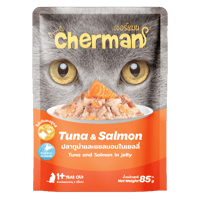 ظرف شيرمان تونه مع السالمون في الجيلي 85جرام لقطط...