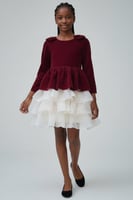 فستان بناتي مخملي عنابي بطبقات تول أبيض |S01242