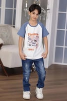 تي شيرت ولادي ابيض و سماوي رسمه على الصدر 2975