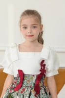 بلوزة بناتي ابيض نص كم مشجر بالاحمر 7116