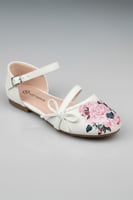 حذاء بناتي أبيض مزين بورود وردية وربطة جانبية S-00...