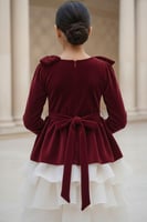 فستان بناتي مخملي عنابي بطبقات تول أبيض |S01242