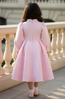 فستان بناتي وردي فيونكة بأكمام منتفخة|S01211