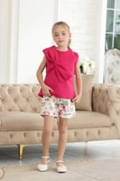 بلوزة بناتي وردي بفيونكة على الصدر 7118