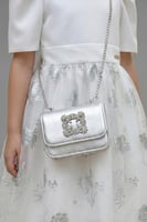 شنطة بناتية فاخرة فضية بمقبض لؤلؤ وزخرفة كريستالية...