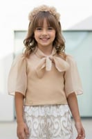 بلوزة بناتي أنيقة بفيونكة كبيرة وأكمام منفوشة بلون...