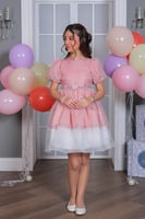 فستان سهرة وردي من تحت ابيض S01106