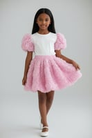 بلوزة بناتي بيضاء بأكمام تول موردة باللون الوردي73...