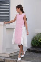 فستان بناتي وردي بأطراف بيضاء 7165