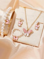 طقم إكسسوارات بناتي بتصميم فراشات وردية من اللؤلؤ...