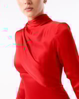 Silk Crepe Gown in Red with Draped Front Neckline