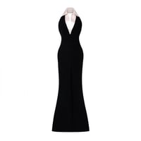 Black Velvet Halter Gown with Contrasting Silk Sat...