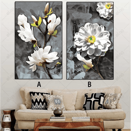 لوحات فن تجريدي مجموعه من الزهور البيضاء خلفية رمادية