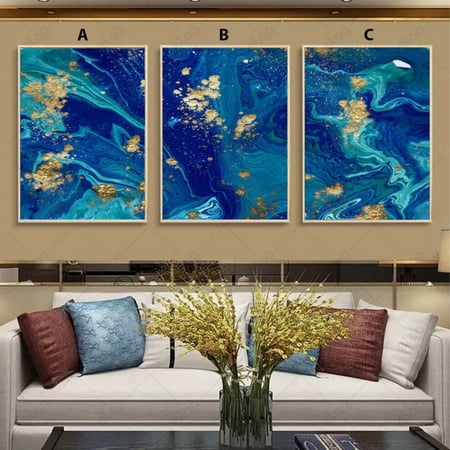 لوحات فن تجريدي ذهبي - أزرق - محيطي