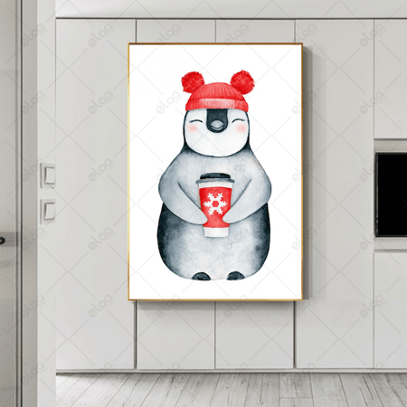 لوحة جدارية  البطريق المبهج يحمل فنجان قهوة