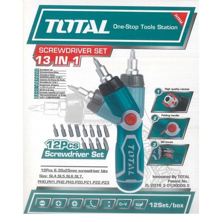 مفك براغي يدوي قابل للطي مع 12 رأس - توتال TACSD30136