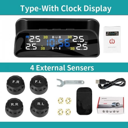 جهاز مراقبة ضغط الكفرات مزود بساعة و انذار يعمل على الطاقة الشمسية