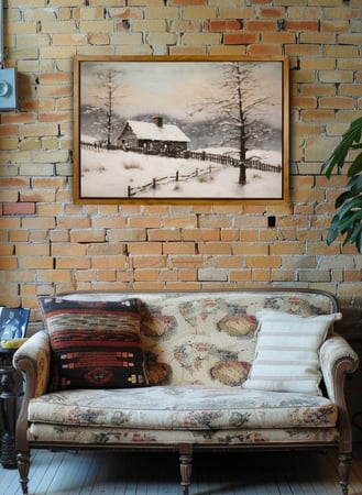 لوحة كانفاس على إطار خشبي بإطار خارجي باللون الخشبي وتصميم بيت كلاسيكي محاط بالثلوج