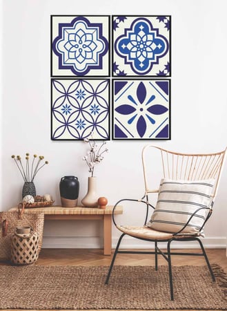 طقم من ٤ لوحات كانفاس مربع على إطار خشبي، تصميم أشكال فنية زرقا، للمنزل، غرفة المعيشة، المكتب، الديكور