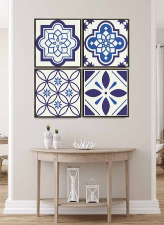 طقم من ٤ لوحات كانفاس مربع على إطار خشبي، تصميم أشكال فنية زرقا، للمنزل، غرفة المعيشة، المكتب، الديكور