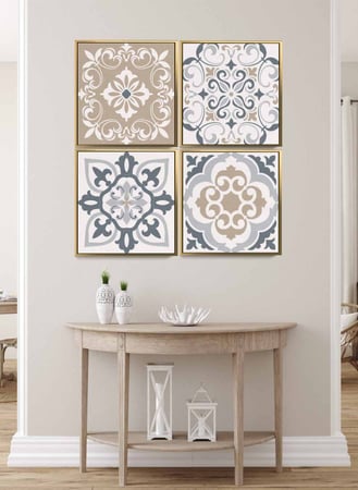 طقم من ٤ لوحات كانفاس مربع على إطار خشبي، تصميم نمط سيراميك ملون، للمنزل، غرفة المعيشة، المكتب، الديكور