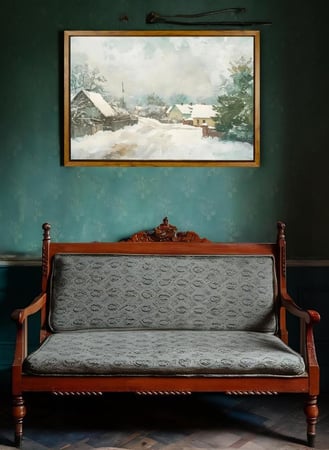 لوحة كانفاس بتصميم بيوت كلاسيكي محاطة بالأشجار والثلوج