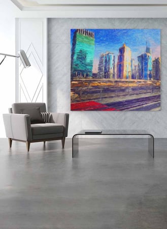 لوحة كانفاس مربع على إطار خشبي، تصميم فن زيتي للمدينة الحديثة، للمنزل، غرفة المعيشة، المكتب، الديكور