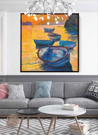 لوحة كانفاس مربع على إطار خشبي، تصميم فن زيتي لقوارب في المحيط ، للمنزل، غرفة المعيشة، المكتب، الديكور