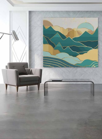 لوحة كانفاس مربع على إطار خشبي، تصميم جبال ذهبية، للمنزل، غرفة المعيشة، المكتب، الديكور